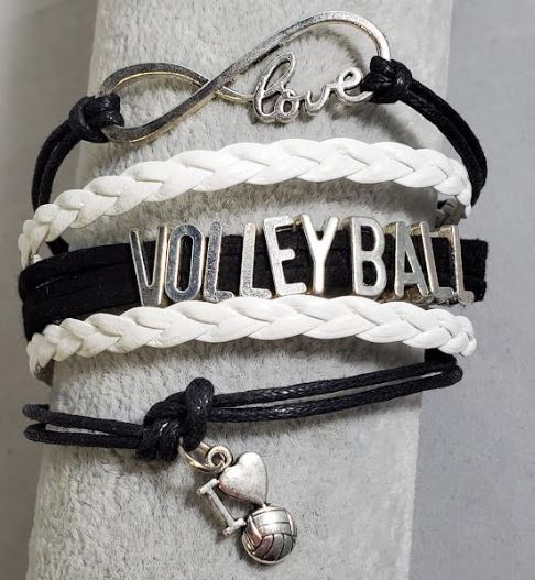 AZ198 Black & White Volleyball Love Infinity Leather Layer Bracelet