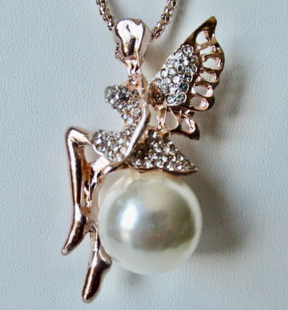 AZ187 Rose Gold Rhinestone Fairy Sitting on Pearl Necklace with FREE Earrings