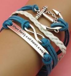 B1299 Turquoise & White Anchor Infinity Where There's a Will There's a Way Leather Layer Bracelet