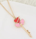 AZ140 Rose Gold Heart Bow Key Pink Rhinestone Necklace with FREE EARRINGS