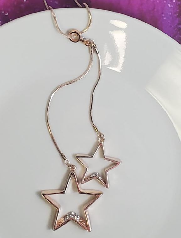 N1210 Rose Gold Double Rhinestone Star Dangle Necklace with FREE Earrings