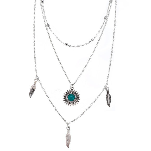 N613 Silver Feather Teal Layered Necklace with FREE EARRINGS - Iris Fashion Jewelry