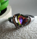 R470 Gun Metal Multi Color Heart Rhinestone Ring - Iris Fashion Jewelry