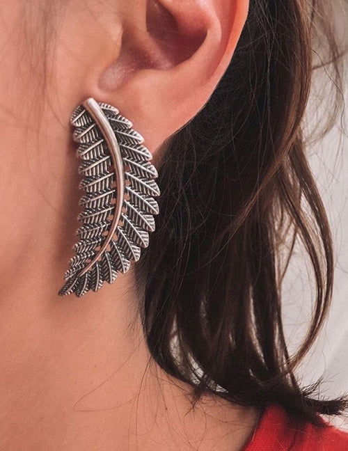 E1546 Silver Textured Feather Earrings - Iris Fashion Jewelry