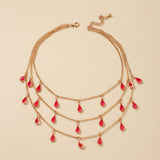 N1072 Gold Pink Teardrop Gemstone Layered Necklace FREE Earrings - Iris Fashion Jewelry