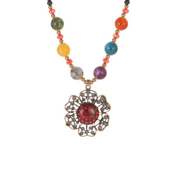 N1452 Multi Color Beads Red Gemstone Flower Necklace FREE Earrings - Iris Fashion Jewelry