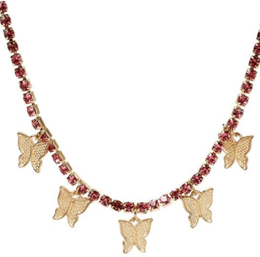 AZ23 Gold Red Rhinestone Butterfly Dangle Necklace with FREE EARRINGS - Iris Fashion Jewelry