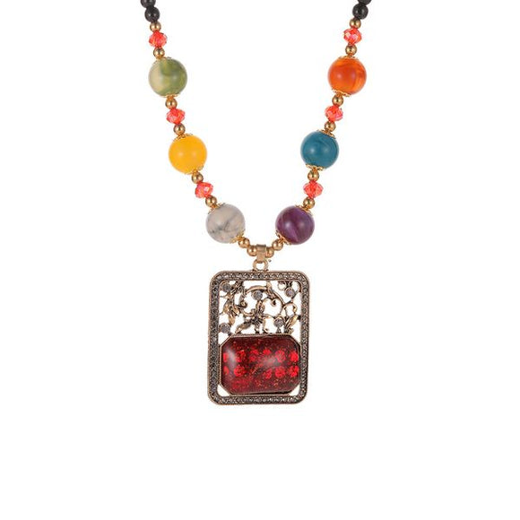 N1413 Multi Color Beads Red Rectangle Gemstone Necklace FREE Earrings - Iris Fashion Jewelry
