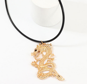 N1555 Gold Dragon on Leather Cord Necklace with FREE Earrings - Iris Fashion Jewelry
