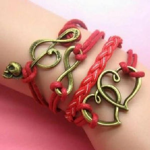 AZ314 Red Heart Music Note Skull Infinity Leather Layer Bracelet