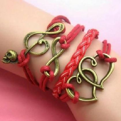 AZ314 Red Heart Music Note Skull Infinity Leather Layer Bracelet