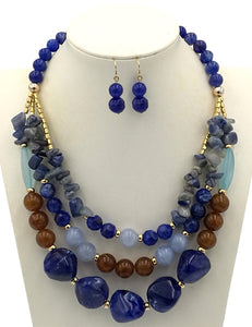 N42 Blue & Brown Stone Look Necklace with FREE Earrings - Iris Fashion Jewelry