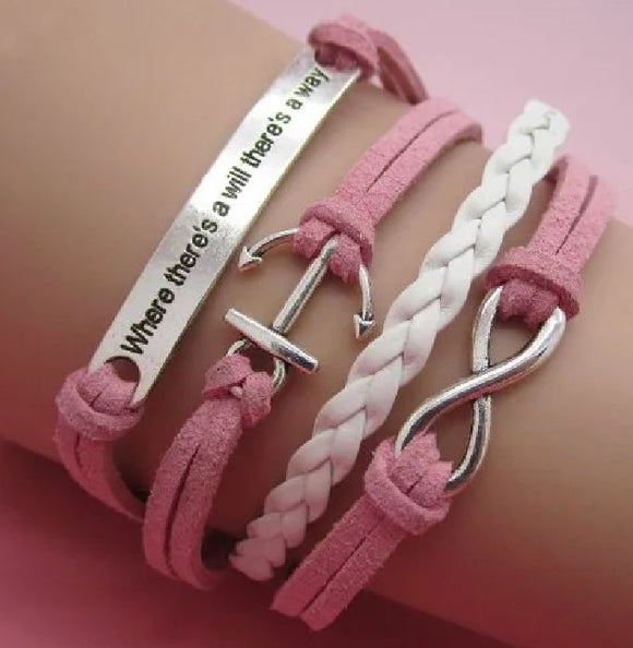 AZ152 Pink Anchor Where There's a Will There's a Way Infinity Leather Layer Bracelet