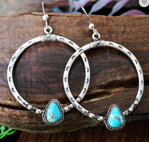 E1453 Silver Etched Hoop Turquoise Stone Earrings - Iris Fashion Jewelry