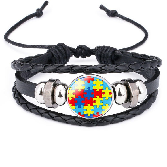 B306 Black Leather Autism Awareness Bracelet - Iris Fashion Jewelry