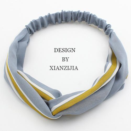 H290 Pale Blue with Yellow Stripes Pattern Cloth Hair Band - Iris Fashion Jewelry