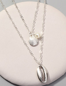 N1284 Silver Seashells with Pearl Layered Necklace with FREE Earrings - Iris Fashion Jewelry