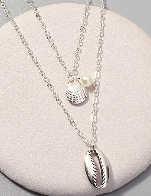 N1284 Silver Seashells with Pearl Layered Necklace with FREE Earrings - Iris Fashion Jewelry