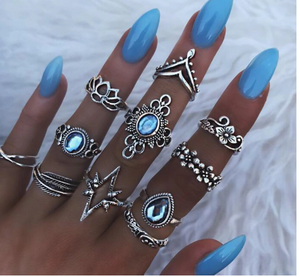 RS37 Silver Color Blue Gem 11 Piece Ring Set - Iris Fashion Jewelry