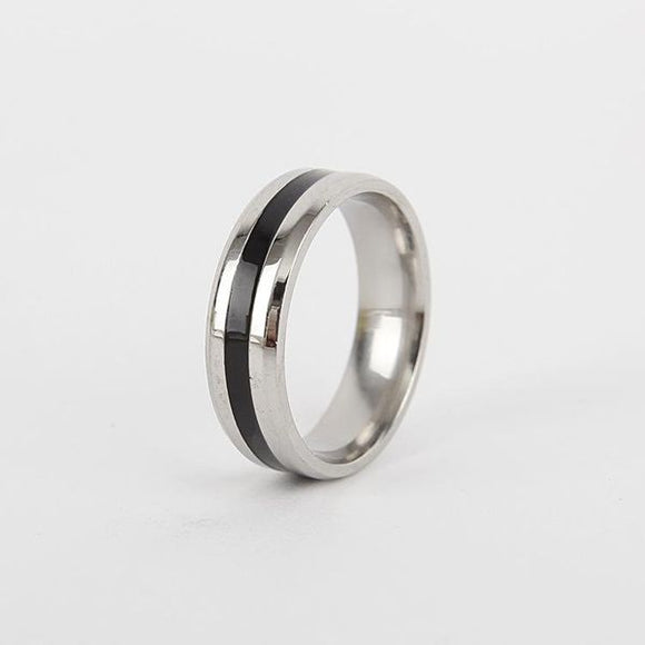R490 Silver with Black Stripe Titanium & Stainless Steel Ring - Iris Fashion Jewelry