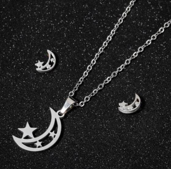 N1733 Silver Moon & Star Stainless Steel Necklace with FREE Earrings - Iris Fashion Jewelry