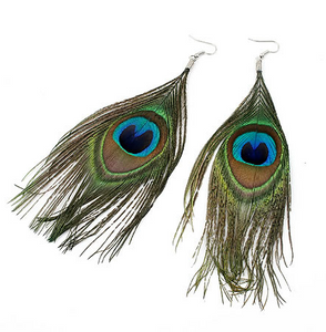 E358 Large 5" Long Peacock Feather Earrings - Iris Fashion Jewelry