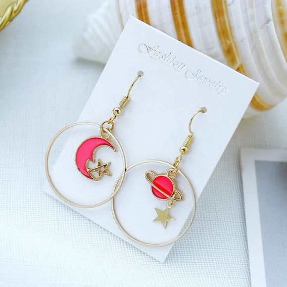 E1082 Gold Pink Stars Moon & Planet Hoop Earrings - Iris Fashion Jewelry