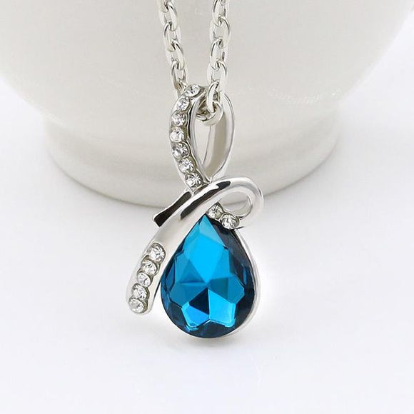 N1523 Silver Blue Teardrop Gemstone with Rhinestones Necklace with FREE Earrings - Iris Fashion Jewelry