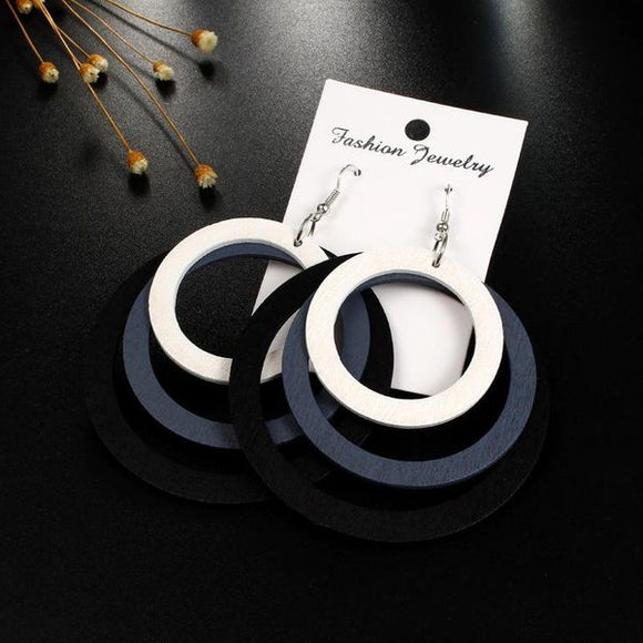 E1098 White Gray Black Wooden Round Earrings - Iris Fashion Jewelry