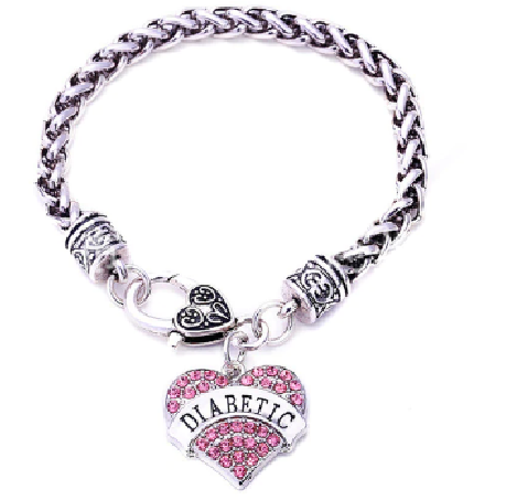 B775 Silver Pink Rhinestone Heart Diabetic Bracelet - Iris Fashion Jewelry