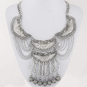 *N1175 Silver Bib Style Multi Chain Tassel Necklace with FREE Earrings - Iris Fashion Jewelry