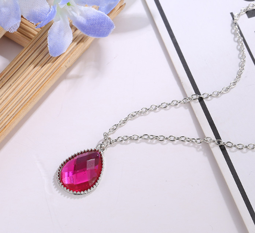 N1517 Silver Hot Pink Teardrop Gemstone Necklace with FREE Earrings - Iris Fashion Jewelry
